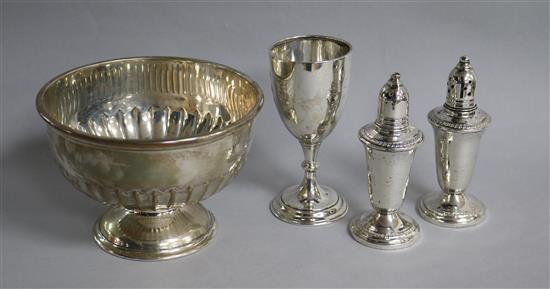 A Georg V small silver rose bowl, a silver goblet and a pair of sterling condiments.